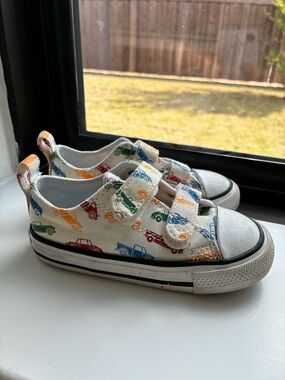 Converse Kids White Canvas Sneakers with Red, Blue, Green & Yellow Car Print